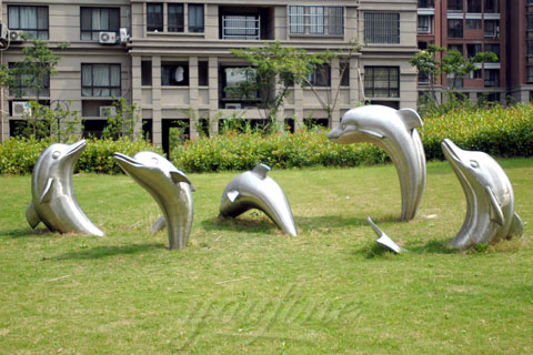 Life size metal stainless steel animal dolphin sculpture for company hotel decoration