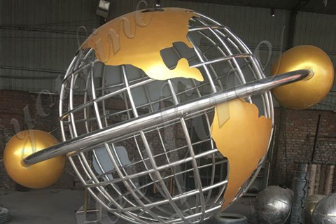 Contemporary Polished Stainless Steel Globe Sculpture with Books for Sale CSS-06