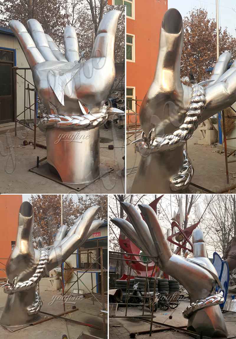 wholesale large outdoor metal art modern abstract stainless steel sculpture with hand design for sale